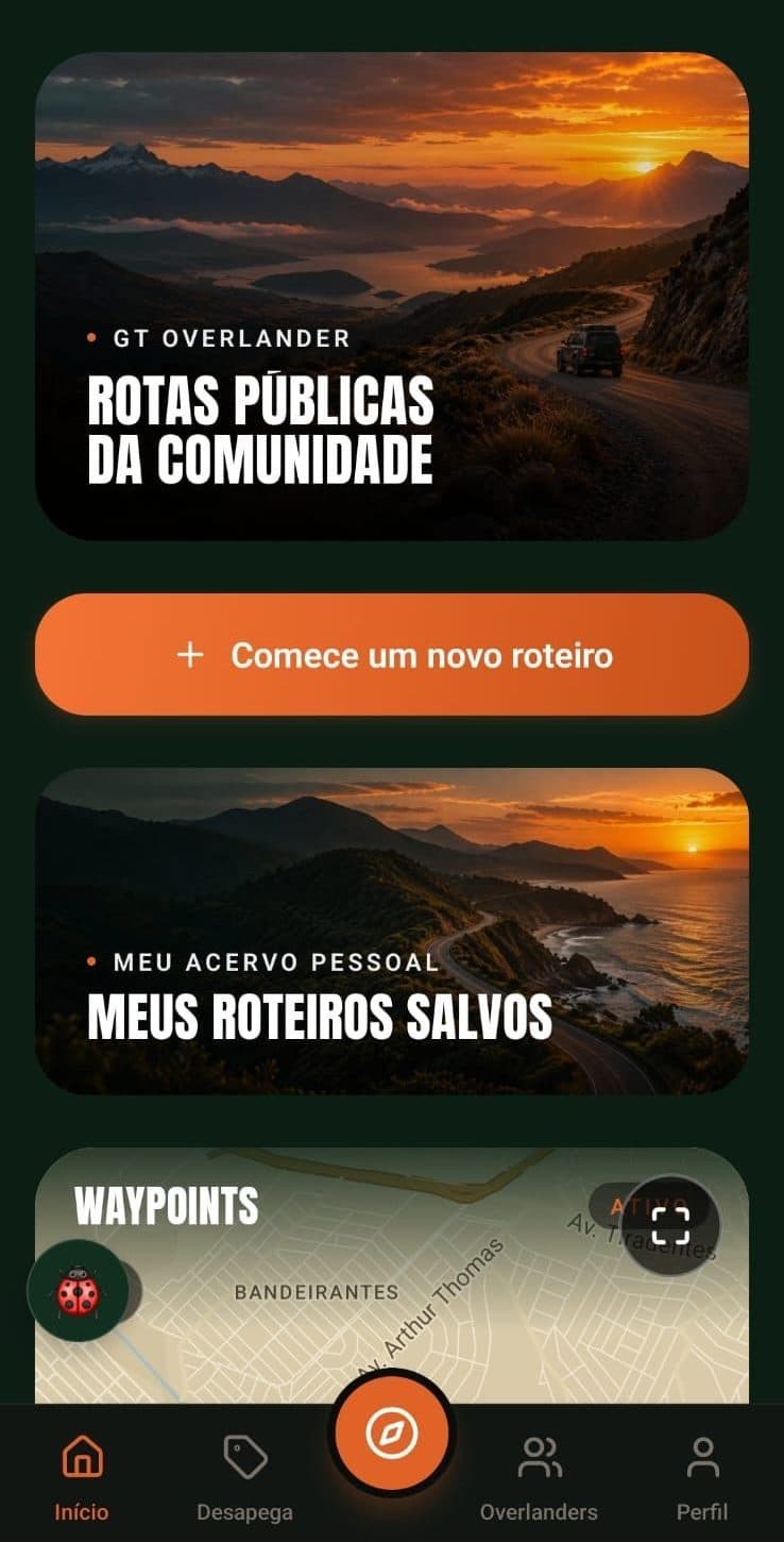Tela inicial do app GT Overlander mostrando o resumo de rotas criadas, km planejados e waypoints, os atalhos para Rotas Públicas da Comunidade e Meus Roteiros Salvos, e o botão Comece um novo roteiro