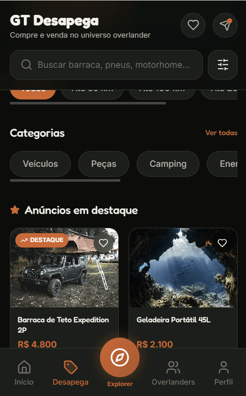 Anúncios em destaque no GT Desapega: Barraca de Teto Expedition R$ 4.800 e Geladeira Portátil 45L R$ 2.100