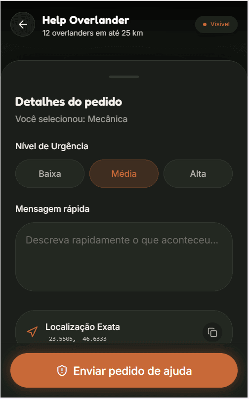 Tela de Detalhes do pedido do Help Overlander com nível de urgência, mensagem rápida e localização exata