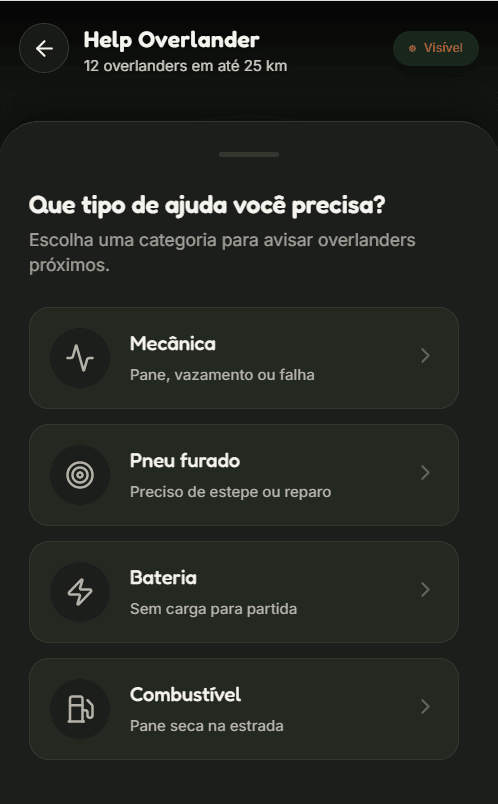 Tela do Help Overlander mostrando os 4 tipos de ajuda: Mecânica, Pneu furado, Bateria, Combustível