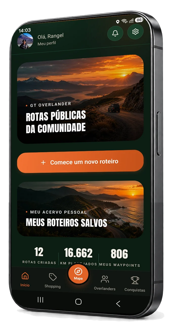 Tela inicial do app GT Overlander mostrando o resumo de rotas criadas, km planejados e waypoints, os atalhos para Rotas Públicas da Comunidade e Meus Roteiros Salvos, e o botão Comece um novo roteiro