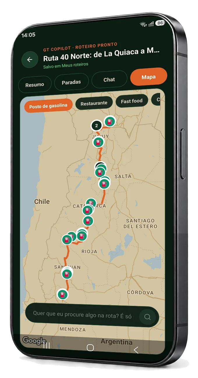Chat com a IA do GT Overlander gerando um roteiro e exibindo a rota no mapa